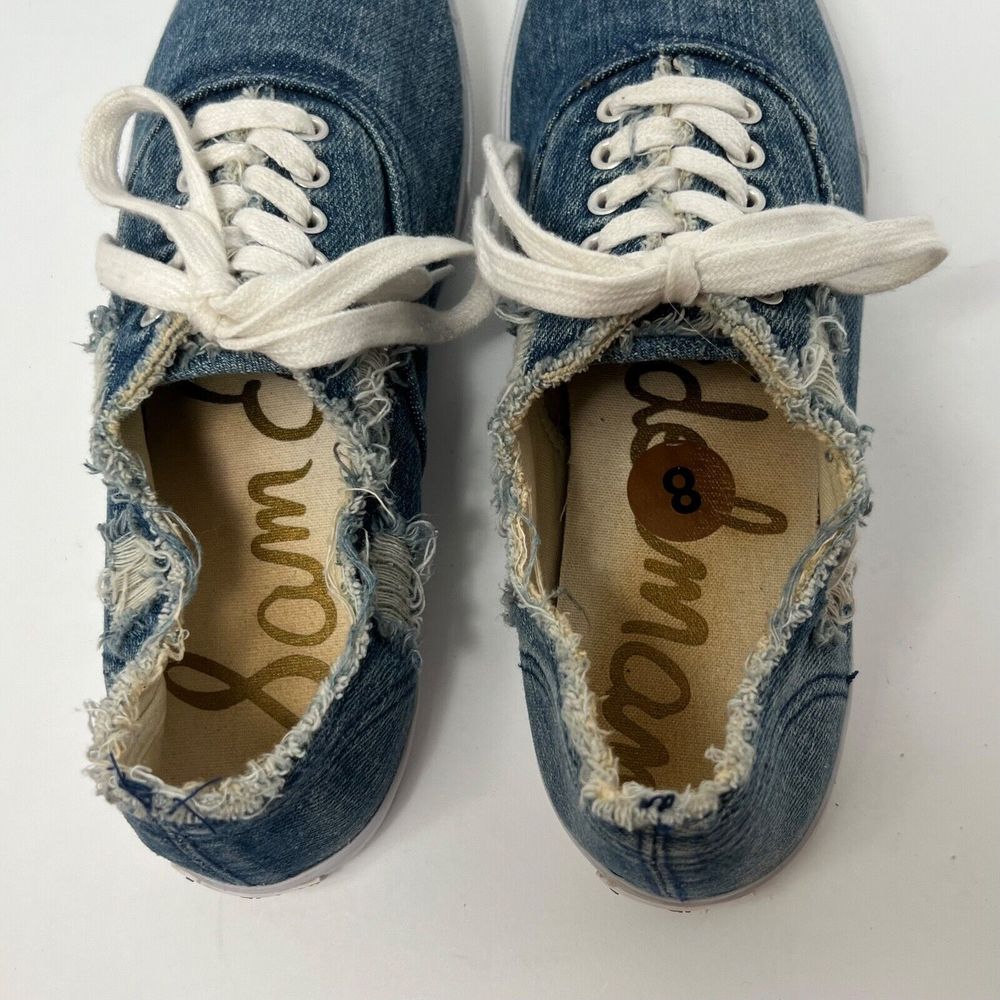 Sam Edelman CALLA Distressed Denim Sneakers Women Size 8 M Frayed Lace Up - Picture 10 of 12